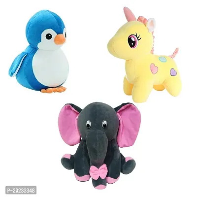 Stuffed Toys Combo 3 Toys Unicorn, Penguin, Grey Baby Elephant