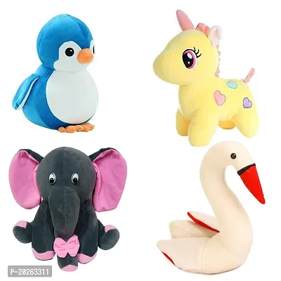 Soft Toys Combo for Kids 4 Toys Unicorn, Panda, Grey Baby Elephant and Swan