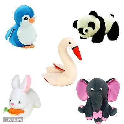 Soft Toys Combo of 5 Toys Grey Elephant, Penguin, Rabbit, Panda and Swan