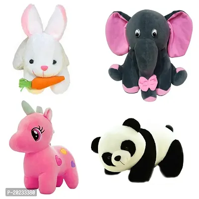 Soft Toys Combo 4 Toys Grey Elephant, Pink Unicorn, Rabbit and Panda