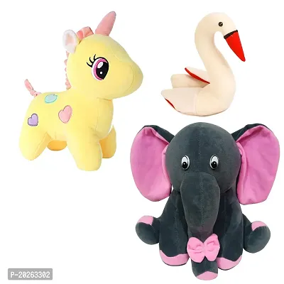 Soft Toys Combo for Kids 3 Toys Grey Baby Elephant, Unicorn and Swan
