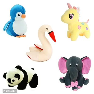 Soft Toys Combo of 5 Toys Grey Elephant, Unicorn, Penguin, Panda and Swan