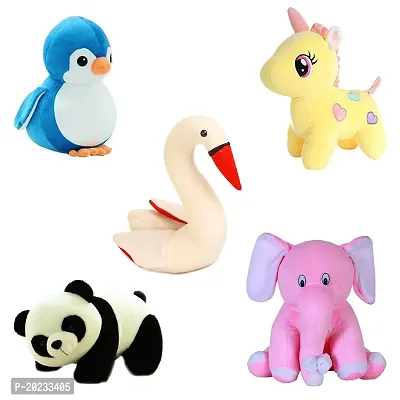 Soft Toys Combo of 5 Toys Pink Elephant, Unicorn, Penguin, Panda and Swan