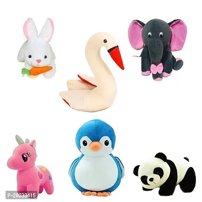 Soft Toys Combo for Kids 6 Toys Grey Elephant, Pink Unicorn, Penguin, Rabbit, Panda and Swan