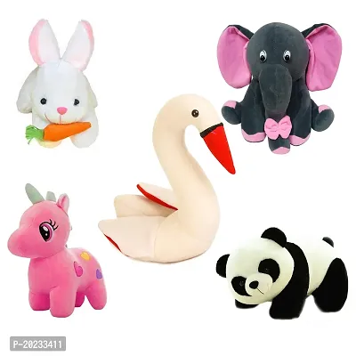 Soft Toys Combo of 5 Toys Pink Unicorn, Grey Elephant, Rabbit, Panda and Swan