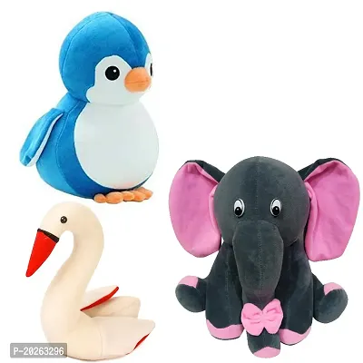 Soft Toys Combo for Kids 3 Toys Penguin, Grey Baby Elephant and Swan