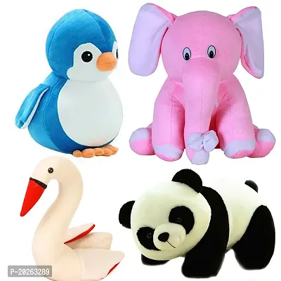 Soft Toys Combo for Kids 4 Toys Panda, Pink Baby Elephant, Penguin and Swan