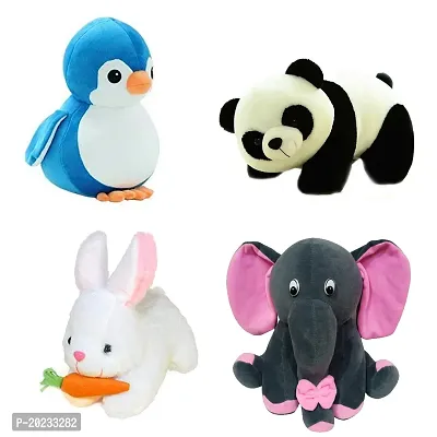 Stuffed Toys Combo 4 Toys Penguin, Panda, Rabbit with Carrot, Grey Baby Elephant,-thumb0