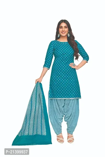 Elegant Cotton Blue Printed Dress Material With Dupatta Set For Women