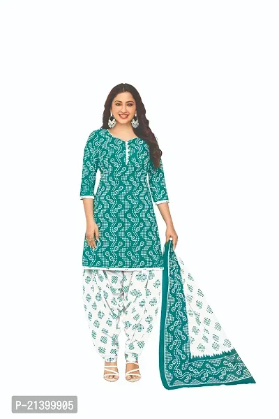 Elegant Cotton Turquoise Printed Dress Material With Dupatta Set For Women