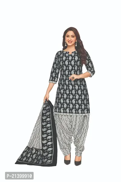 Elegant Cotton Black Printed Dress Material With Dupatta Set For Women