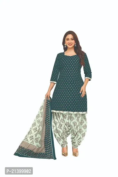 Elegant Cotton Teal Green Printed Dress Material With Dupatta Set For Women