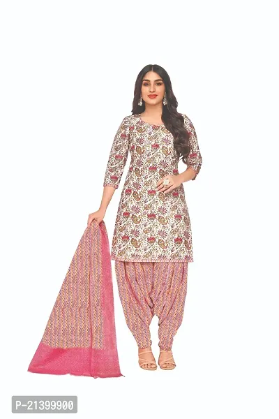 Elegant Cotton Off White Printed Dress Material With Dupatta Set For Women