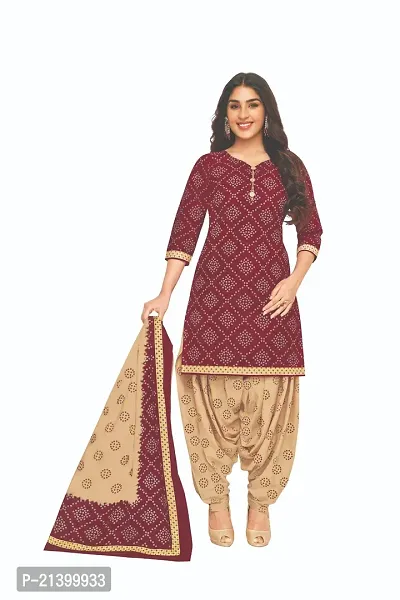 Elegant Cotton Maroon Printed Dress Material With Dupatta Set For Women