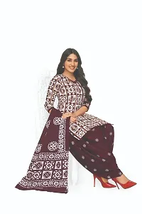 Elegant Cotton Brown Printed Dress Material With Dupatta Set For Women-thumb1