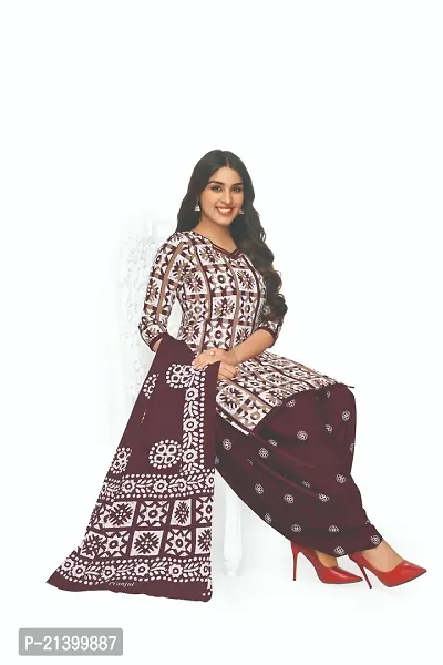 Elegant Cotton Brown Printed Dress Material With Dupatta Set For Women-thumb2