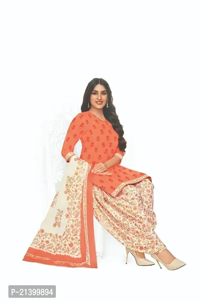 Elegant Cotton Orange Printed Dress Material With Dupatta Set For Women-thumb2