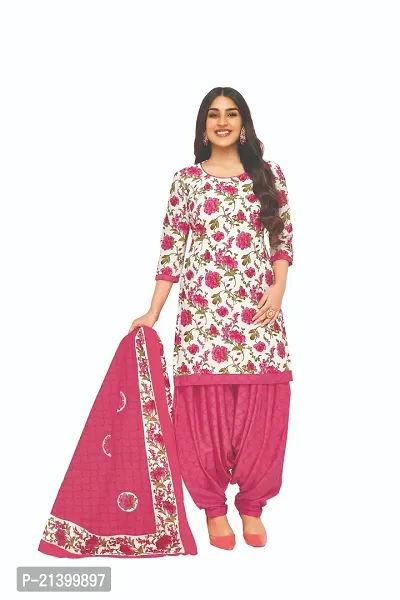 Elegant Cotton Pink Printed Dress Material With Dupatta Set For Women