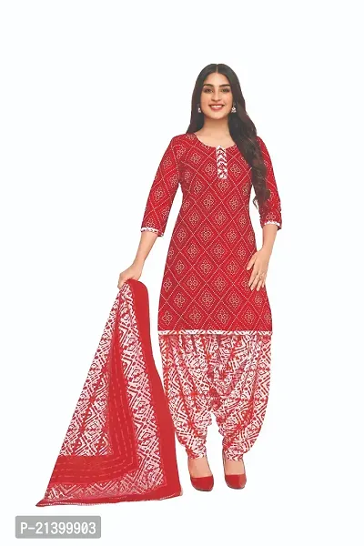 Elegant Cotton Red Printed Dress Material With Dupatta Set For Women