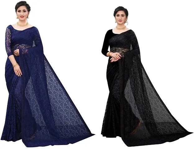 Pack of 2 Net Solid Sarees with Blouse Piece