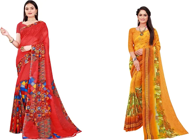 Elegant Daily Wear Georgette Women Saree With Blouse Piece -Pack Of 2