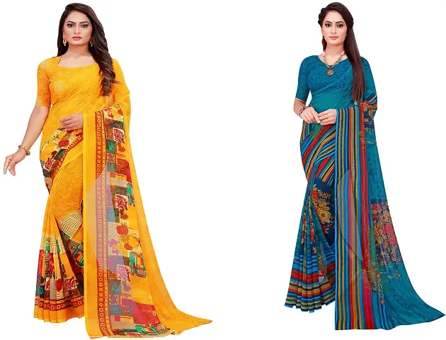 Stylish Fancy Georgette Saree With Blouse Piece Combo For Women Pack Of 2