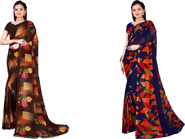 Elegant Geometric Print Daily Wear Georgette Women Saree With Blouse Piece -Pack Of 2