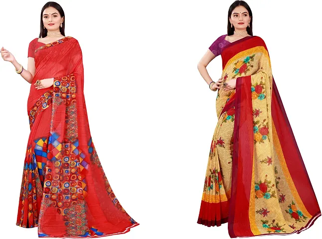 Elegant Daily Wear Georgette Women Saree With Blouse Piece -Pack Of 2