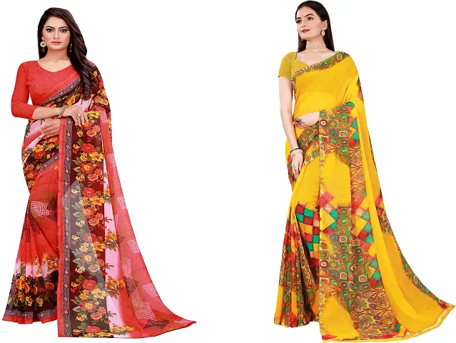 Elegant Floral Print Bollywood Georgette Women Saree With Blouse Piece -Pack Of 2