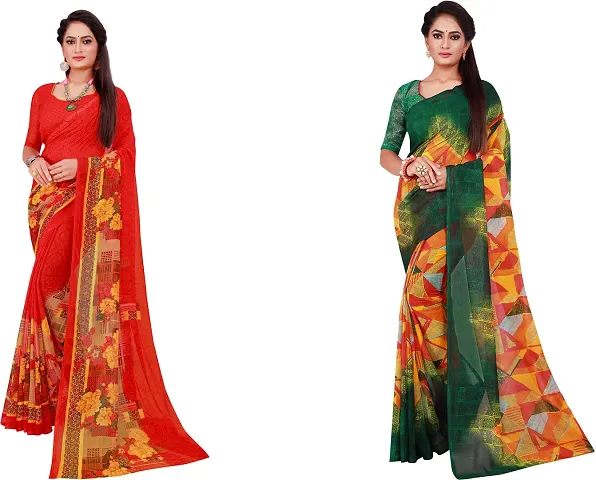 Stylish Fancy Georgette Saree With Blouse Piece Combo For Women Pack Of 2