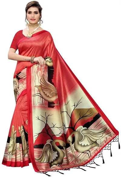 Elegant Floral Print Kalamkari Art Silk Women Saree With Blouse Piece -Red