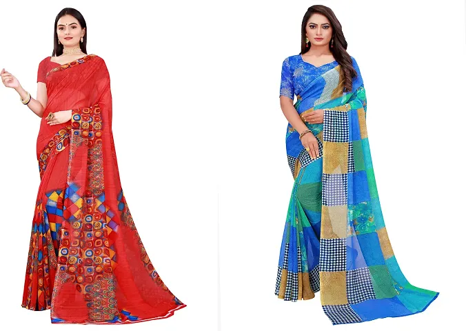 Stylish Fancy Georgette Saree With Blouse Piece Combo For Women Pack Of 2