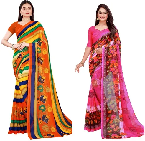 Stylish Fancy Georgette Saree With Blouse Piece Combo For Women Pack Of 2