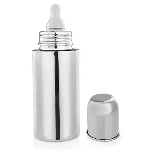 Regular Stainless Steel Baby Feeding Bottles (240 ML Mirror Finish Plain Silver) with Steel Travel Cap, Nipple