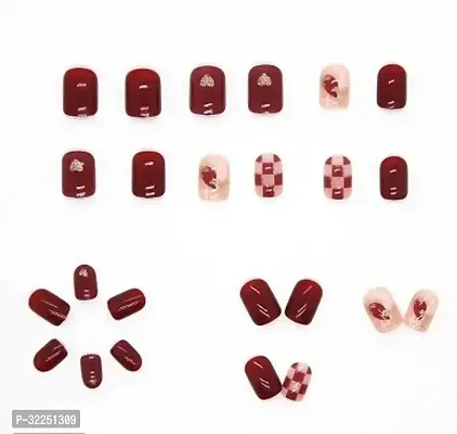 24 Pc Designer Artificial Reusable Nails in Red Golden Color with Glue Stamp-thumb2