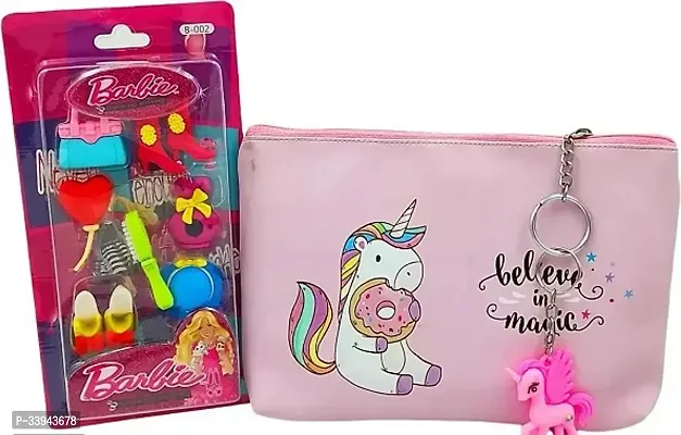 Pencil Pouch with Barbie Eraser Set for Kids Pack of 2-thumb0