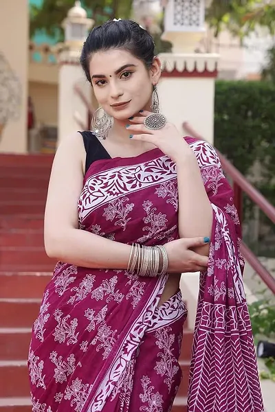 Printed Mulmul Cotton Saree With Blouse Piece For Women