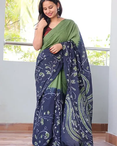 Plain Linen Kalamkari Digital Print Saree