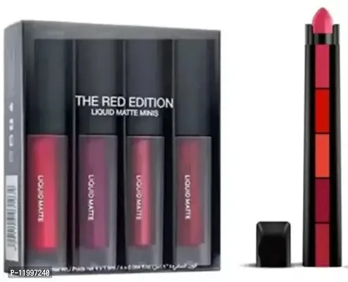 Liquid matte mini lipstick 4 pcs + 5in1 creamy lipstick  (The red edition, 23.5 ml)