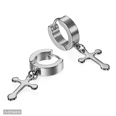 Stainless Steel Jesus Cross Charm Drop Huggie Piercing Surgical Hoop Earring for Men-thumb3
