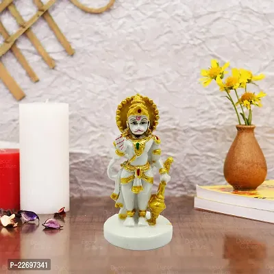 The Decor Culture Composite Marble Hanuman Ji Standing On Chowki Murti/Statue for Pooja Home Temple//Car Dashboard Idol (Size : 4 x 2 x 2 Cms) - White-Gold.