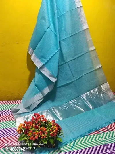 Stylish Banarasi Linen Turquoise Saree With Running Blouse Piece-thumb0