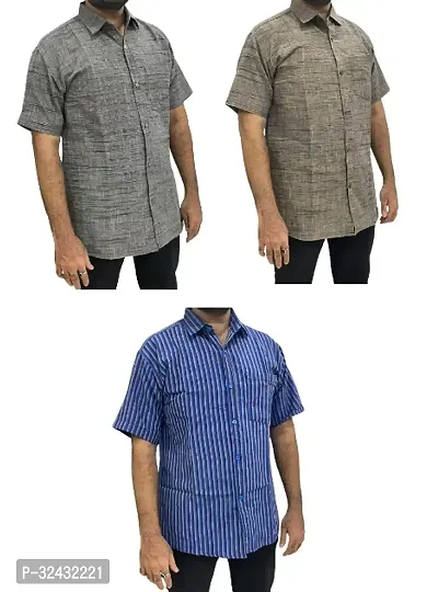 Stylish Khadi Cotton Solid Short Sleeves Casual Shirt For Men Pack Of 3-thumb0