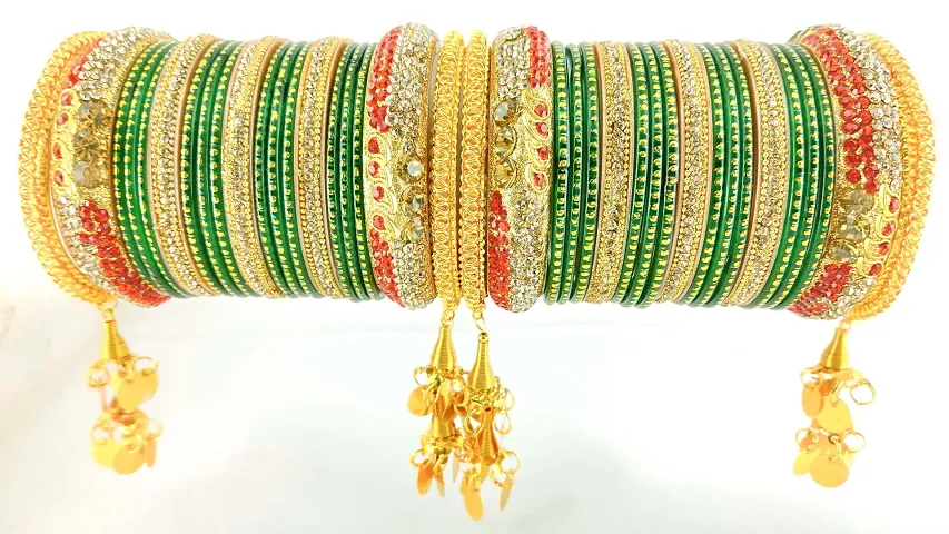 Green And Golden Bridal Ltkan Pratywear Wedding Glass Baangles Set