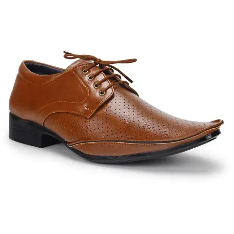 Tan Lace Up Synthetic Leather Formal Shoes For Men