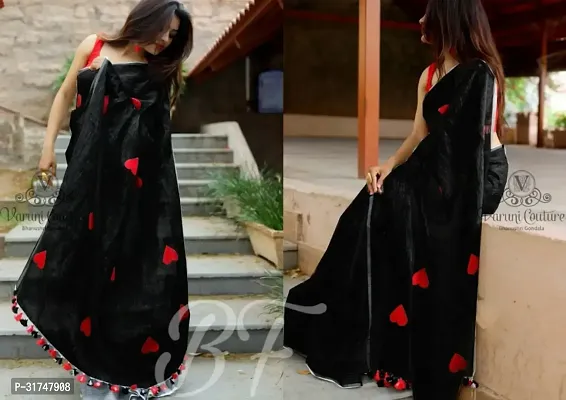 Beautiful Silk Blend Black Embroidered  Saree with Blouse piece For Women