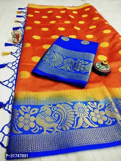 Beautiful Silk Blend Orange Woven Design  Saree with Blouse piece For Women-thumb0