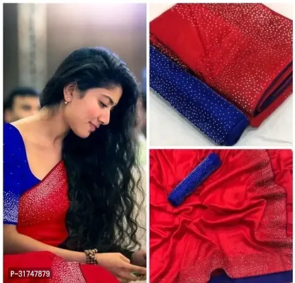 Beautiful Silk Blend Red Embroidered  Saree with Blouse piece For Women