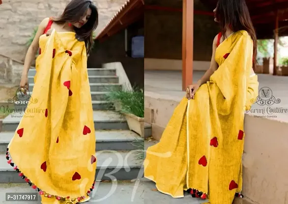 Beautiful Silk Blend Yellow Embroidered  Saree with Blouse piece For Women