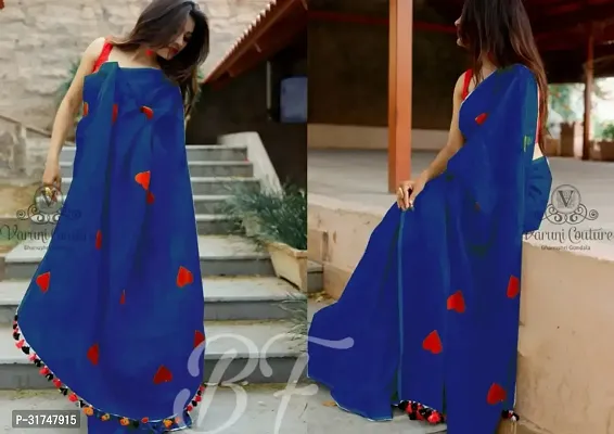 Beautiful Silk Blend Blue Embroidered  Saree with Blouse piece For Women